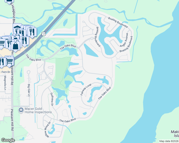 map of restaurants, bars, coffee shops, grocery stores, and more near 2390 The Oaks Boulevard in Kissimmee