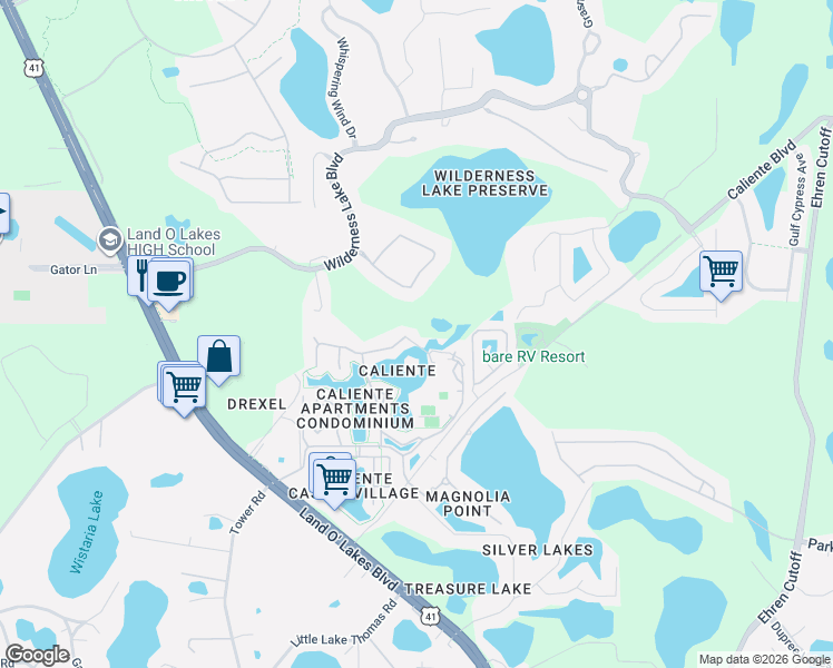 map of restaurants, bars, coffee shops, grocery stores, and more near 21148 Los Cabos Court in Land O' Lakes