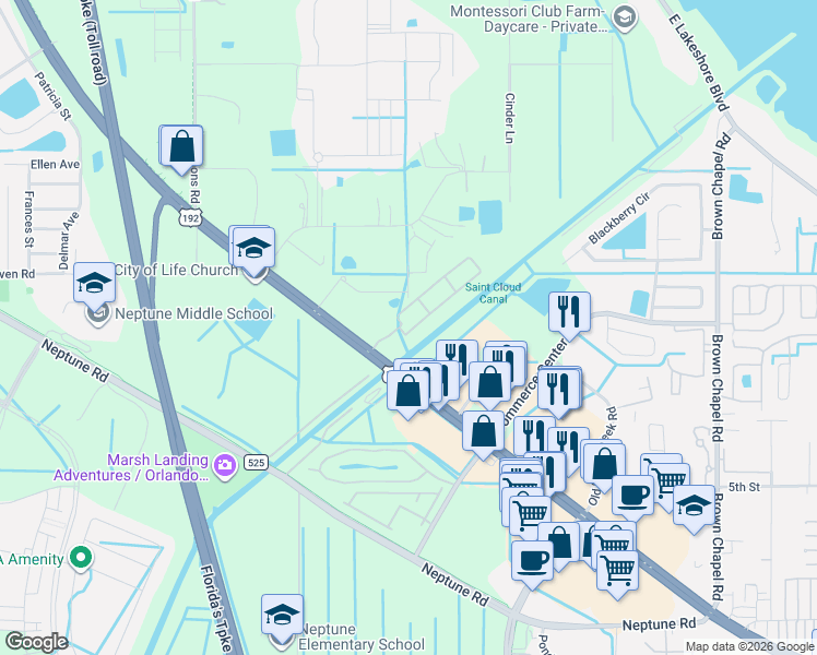 map of restaurants, bars, coffee shops, grocery stores, and more near 205 Saint Cloud Village Court in Kissimmee