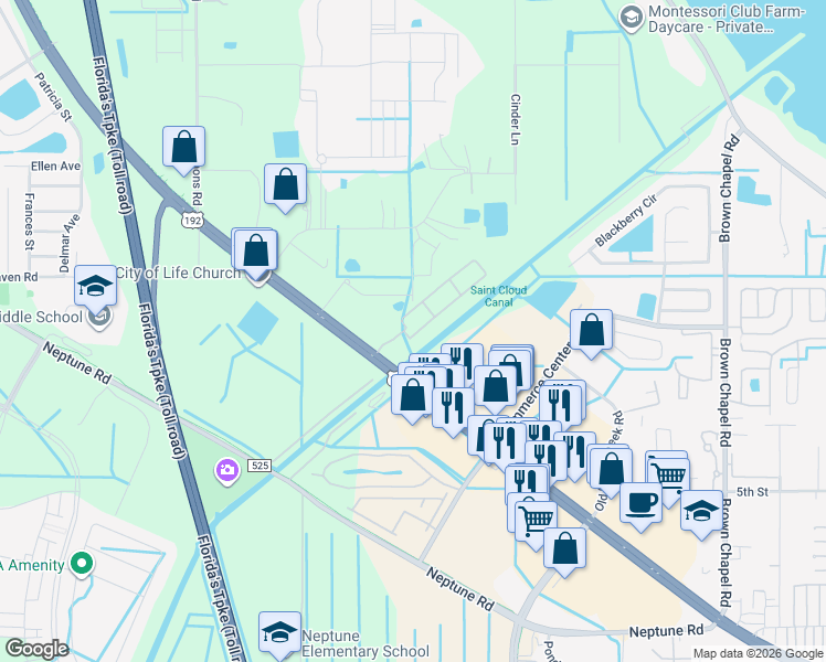 map of restaurants, bars, coffee shops, grocery stores, and more near 205 Saint Cloud Village Court in Kissimmee