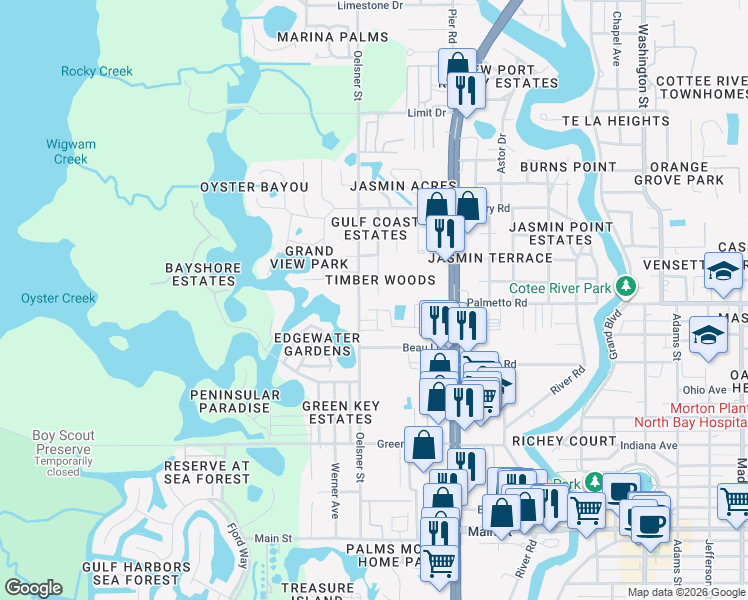 map of restaurants, bars, coffee shops, grocery stores, and more near 7005 Oakwood Drive in New Port Richey