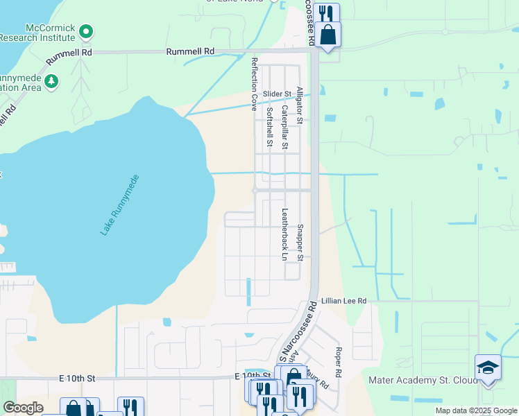 map of restaurants, bars, coffee shops, grocery stores, and more near 1615 Reflection Cove in Saint Cloud