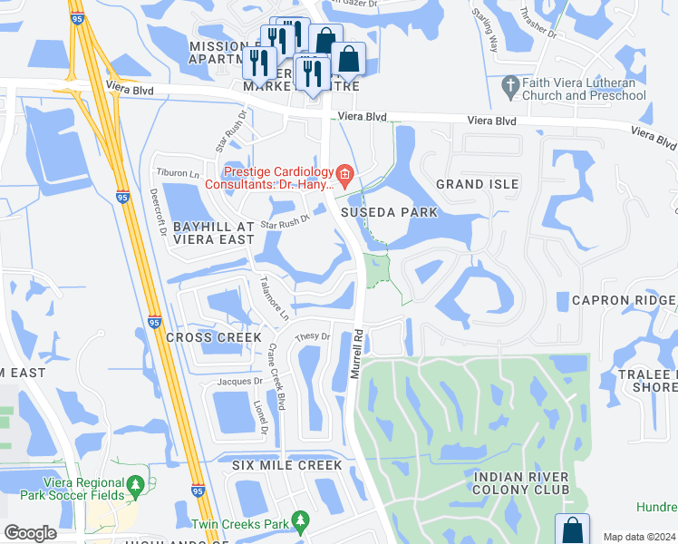 map of restaurants, bars, coffee shops, grocery stores, and more near 1844 Bayhill Drive in Melbourne
