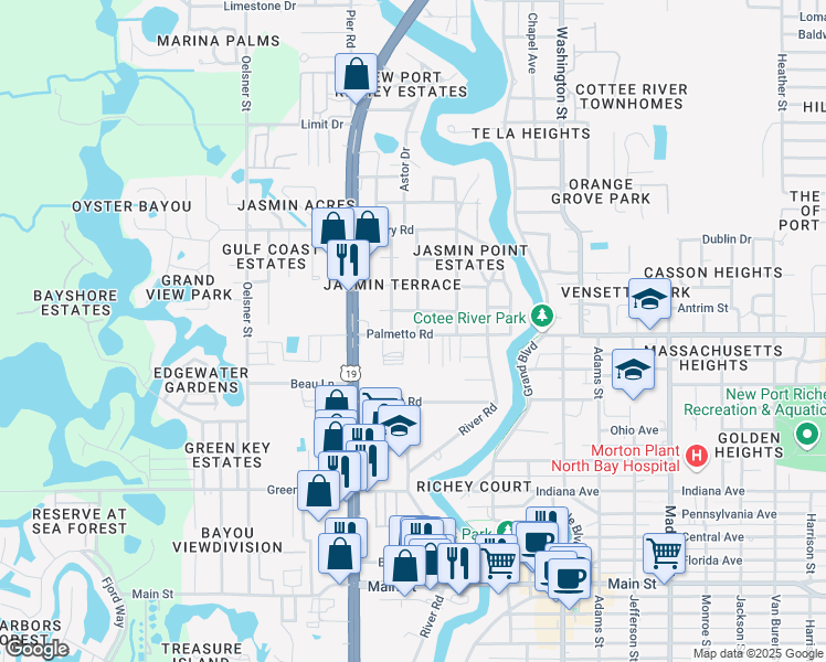 map of restaurants, bars, coffee shops, grocery stores, and more near 5347 Palmetto Road in New Port Richey