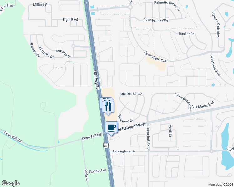 map of restaurants, bars, coffee shops, grocery stores, and more near 621 Via Del Sol Drive in Davenport