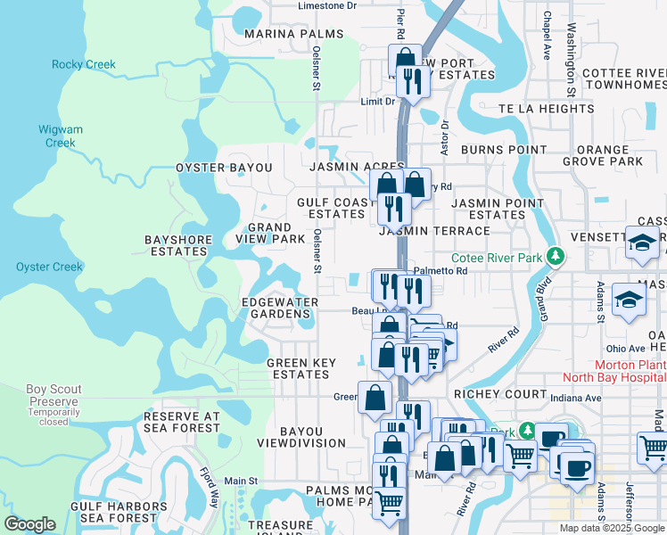 map of restaurants, bars, coffee shops, grocery stores, and more near 7005 Oakwood Dr in New Port Richey