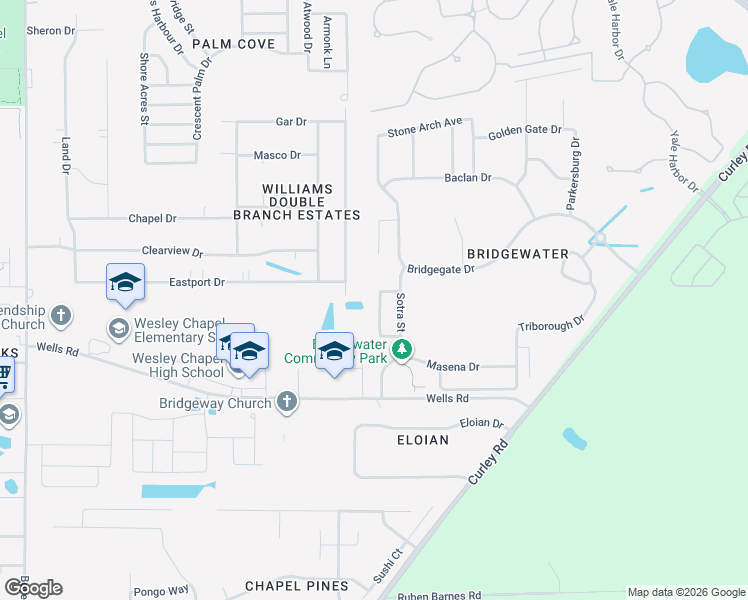 map of restaurants, bars, coffee shops, grocery stores, and more near 6951 Belt Link Loop in Wesley Chapel
