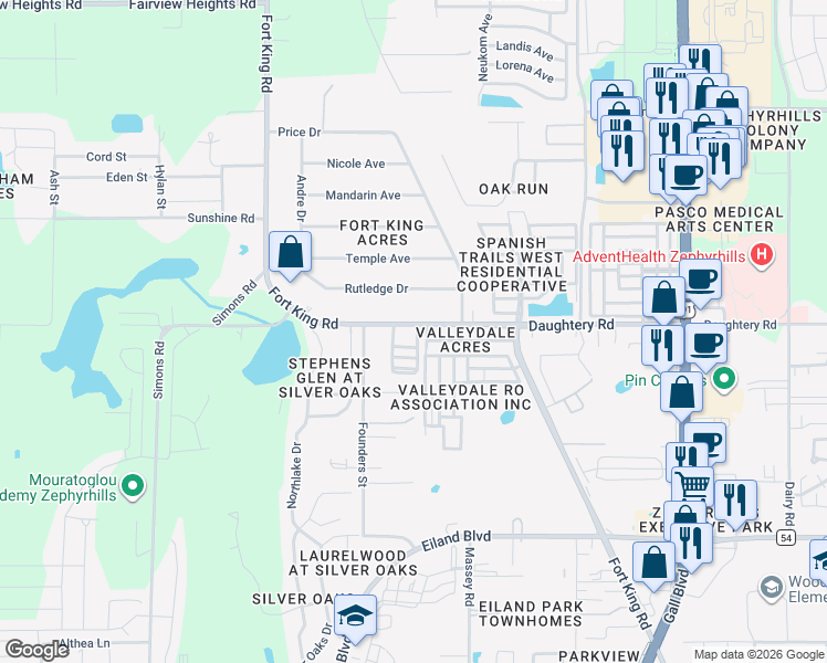 map of restaurants, bars, coffee shops, grocery stores, and more near 6991 Fort King Road in Zephyrhills