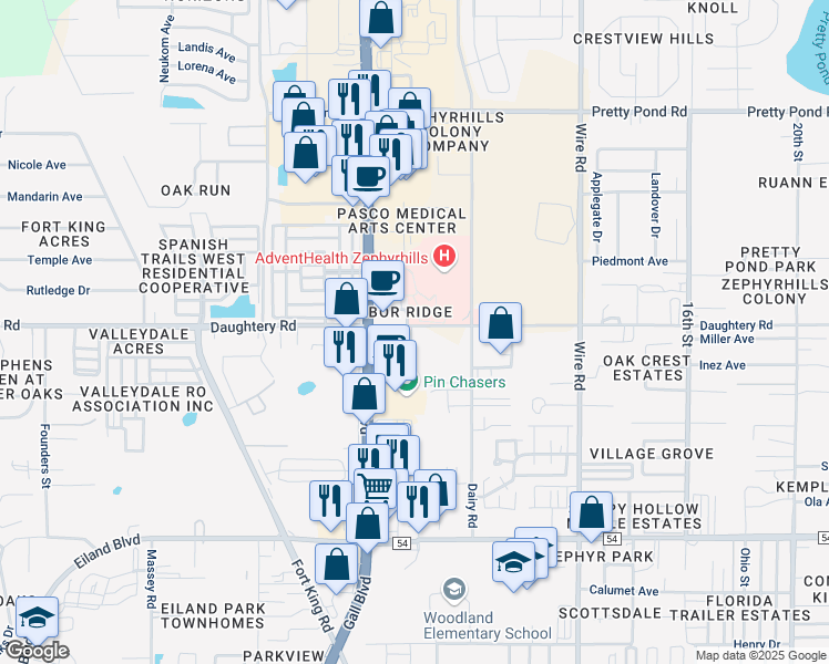 map of restaurants, bars, coffee shops, grocery stores, and more near 38056 Daughtery Road in Zephyrhills