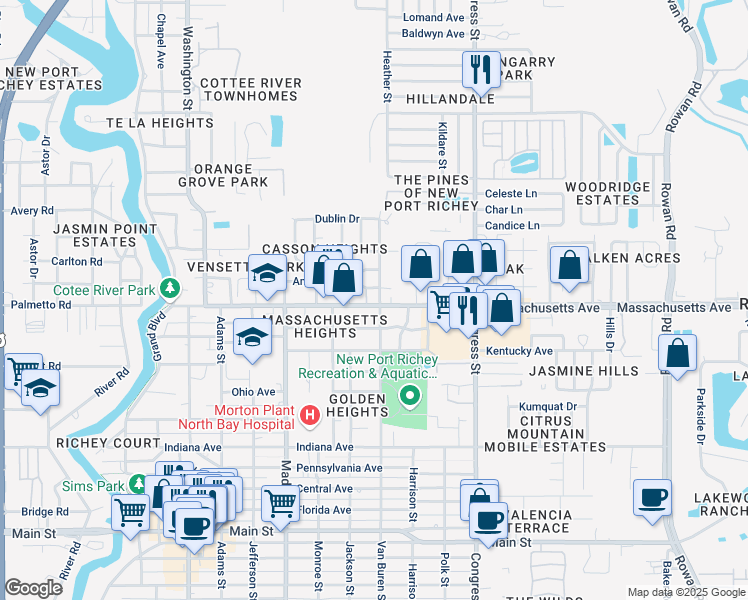 map of restaurants, bars, coffee shops, grocery stores, and more near 6220 Massachusetts Avenue in New Port Richey