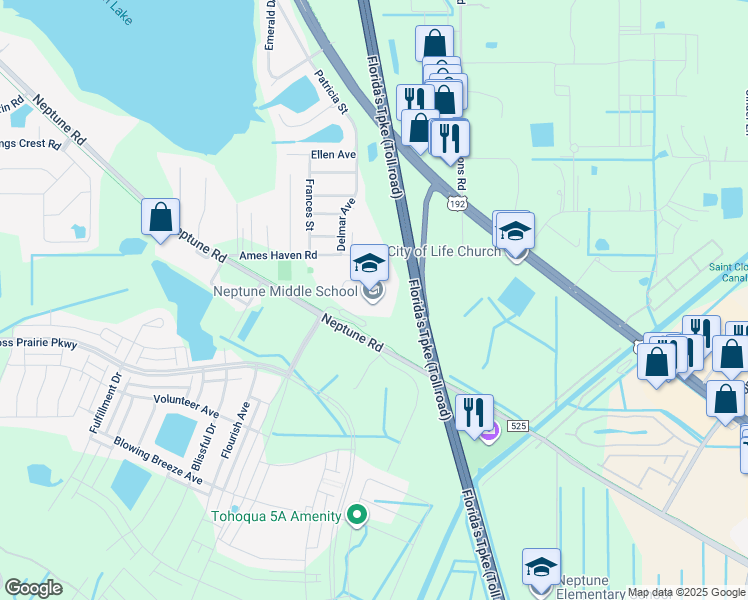 map of restaurants, bars, coffee shops, grocery stores, and more near 2727 Neptune Road in Kissimmee