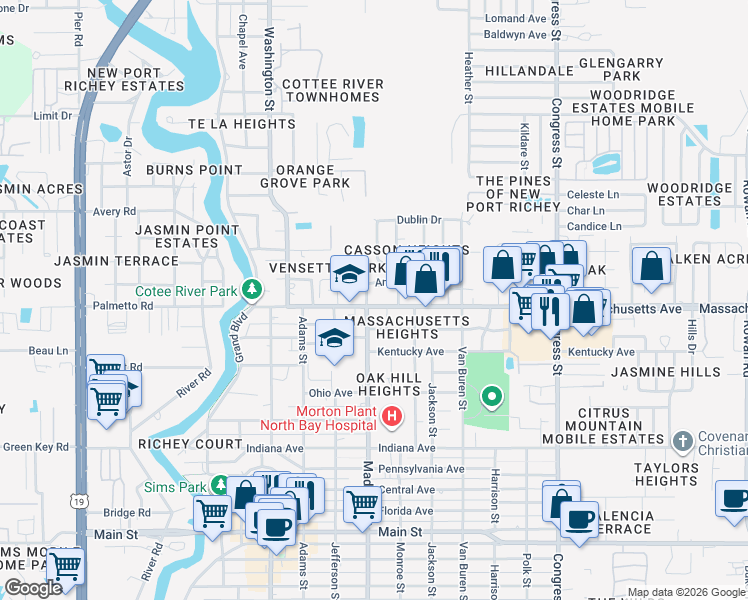 map of restaurants, bars, coffee shops, grocery stores, and more near 6011 Massachusetts Avenue in New Port Richey