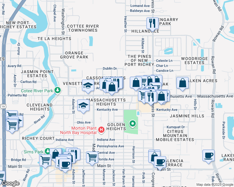 map of restaurants, bars, coffee shops, grocery stores, and more near 6130 Massachusetts Avenue in New Port Richey
