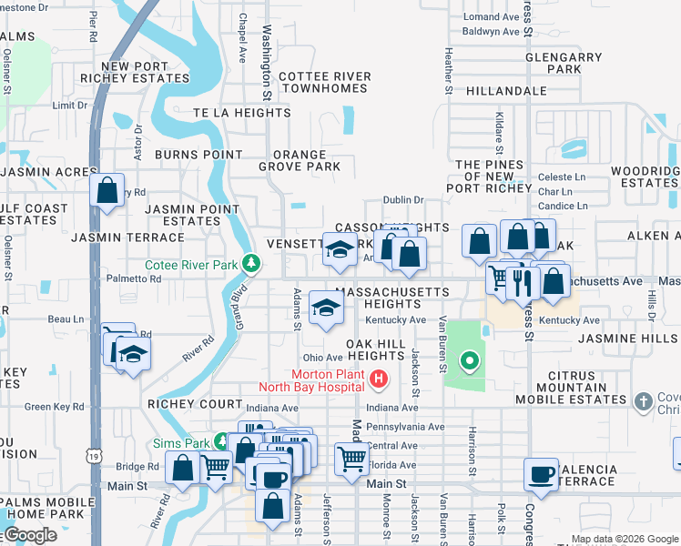 map of restaurants, bars, coffee shops, grocery stores, and more near 5940 Massachusetts Avenue in New Port Richey