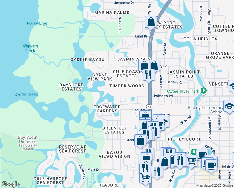 map of restaurants, bars, coffee shops, grocery stores, and more near 7017 Oelsner Street in New Port Richey