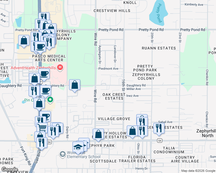 map of restaurants, bars, coffee shops, grocery stores, and more near 6911 Oak Crest Way in Zephyrhills