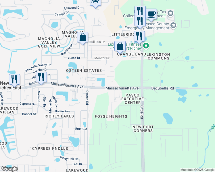 map of restaurants, bars, coffee shops, grocery stores, and more near 8130 Massachusetts Avenue in New Port Richey