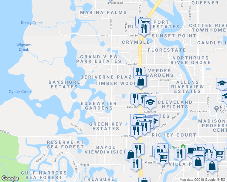 map of restaurants, bars, coffee shops, grocery stores, and more near 7005 Oakwood Drive in New Port Richey