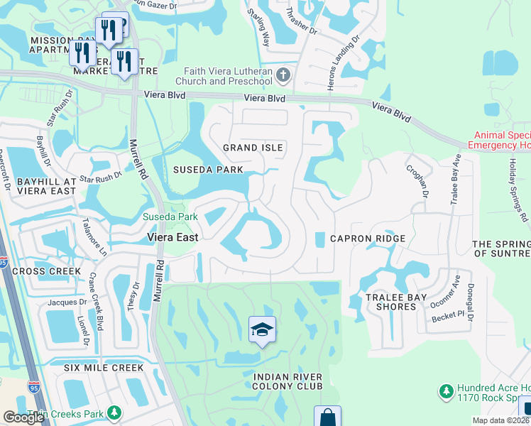 map of restaurants, bars, coffee shops, grocery stores, and more near 1350 Lago Mar Drive in Melbourne