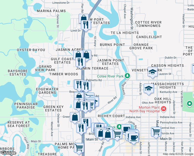 map of restaurants, bars, coffee shops, grocery stores, and more near 7013 Green Street in New Port Richey