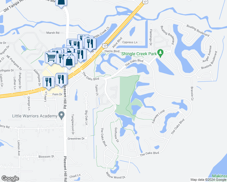 map of restaurants, bars, coffee shops, grocery stores, and more near 2812 Osprey Cove Place in Kissimmee