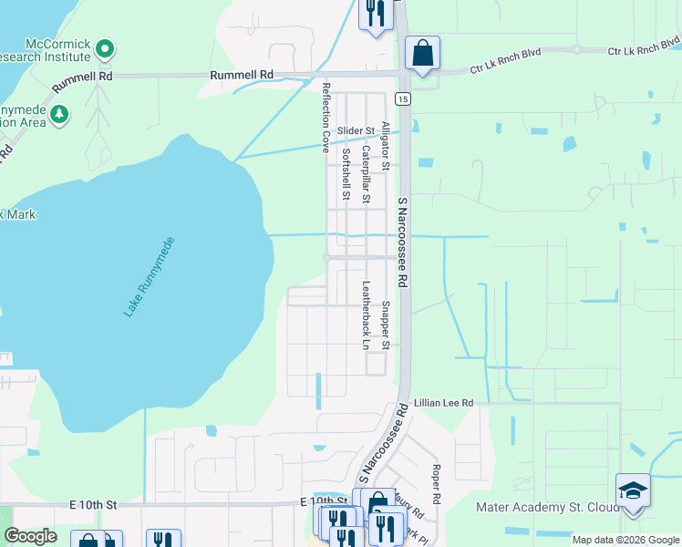 map of restaurants, bars, coffee shops, grocery stores, and more near 1602 Hawksbill Lane in Saint Cloud