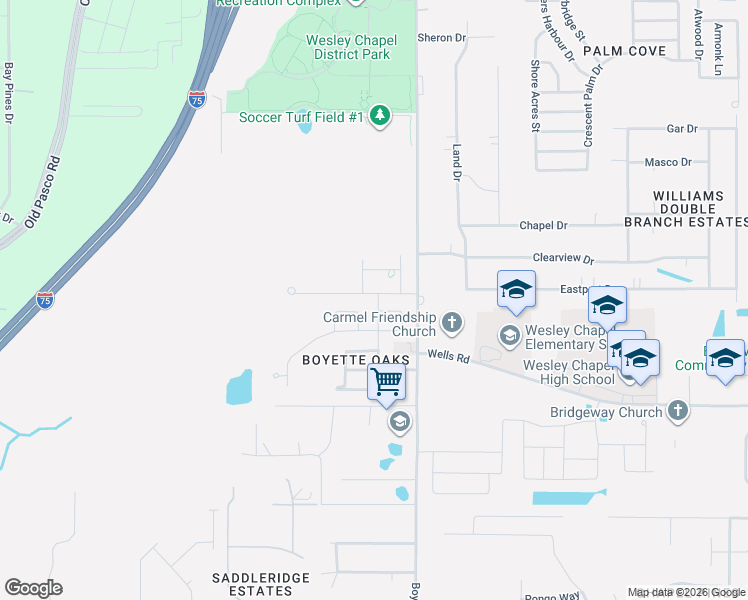 map of restaurants, bars, coffee shops, grocery stores, and more near 29949 Cedar Waxwing Drive in Wesley Chapel