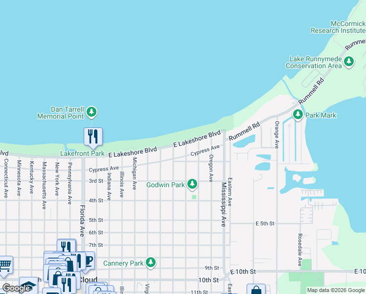 map of restaurants, bars, coffee shops, grocery stores, and more near 301 East Lakeshore Boulevard in St. Cloud