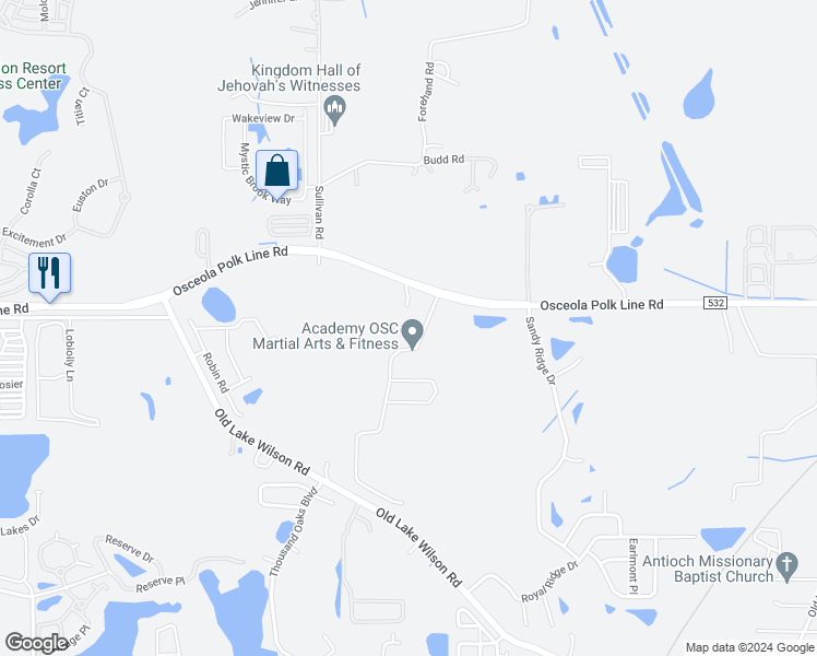 map of restaurants, bars, coffee shops, grocery stores, and more near Hawthorne Way in Polk County