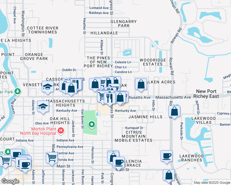 map of restaurants, bars, coffee shops, grocery stores, and more near 6444 Massachusetts Avenue in New Port Richey