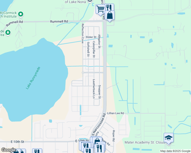 map of restaurants, bars, coffee shops, grocery stores, and more near 1601 Leatherback Lane in Saint Cloud
