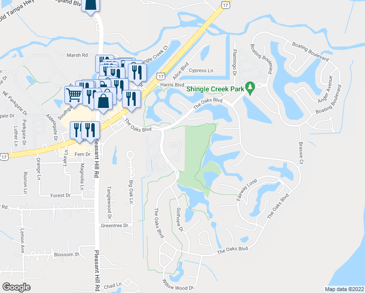 map of restaurants, bars, coffee shops, grocery stores, and more near 2828 Osprey Cove Place in Kissimmee