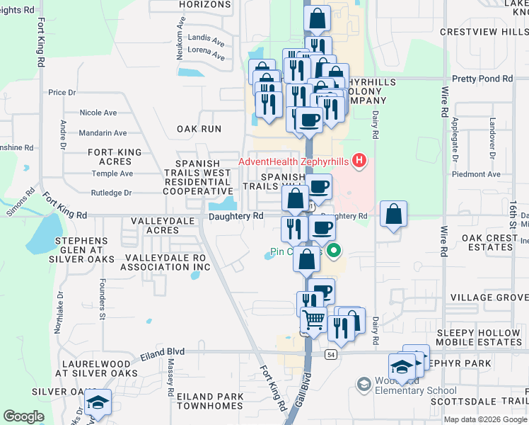 map of restaurants, bars, coffee shops, grocery stores, and more near 37812 Valencia Avenue in Zephyrhills