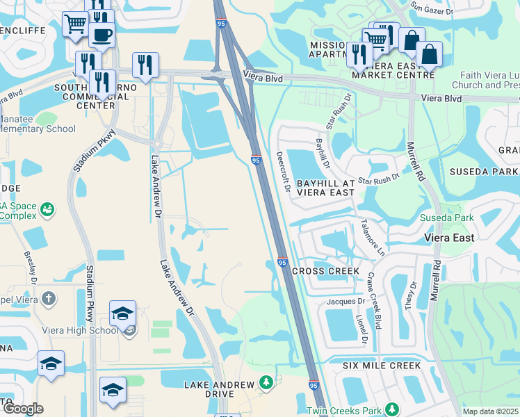 map of restaurants, bars, coffee shops, grocery stores, and more near 5455 Lake Andrew Dr Billbd in Melbourne