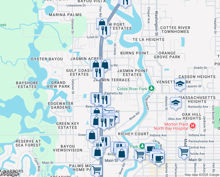 map of restaurants, bars, coffee shops, grocery stores, and more near 7049 Astor Drive in Port Richey