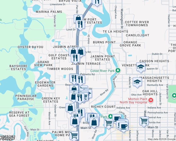 map of restaurants, bars, coffee shops, grocery stores, and more near 7049 Astor Drive in Port Richey