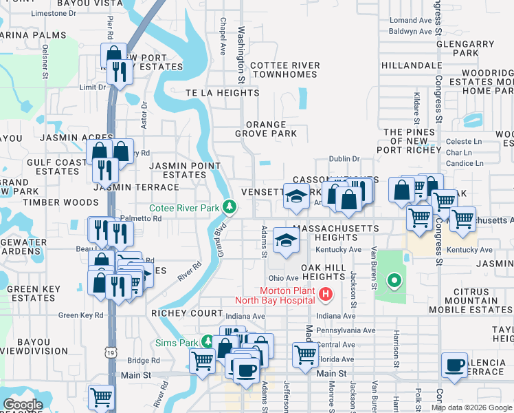 map of restaurants, bars, coffee shops, grocery stores, and more near 7051 Washington Street in New Port Richey