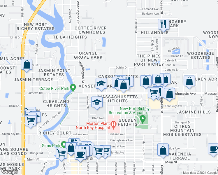 map of restaurants, bars, coffee shops, grocery stores, and more near 6032 Sheelin Drive in New Port Richey