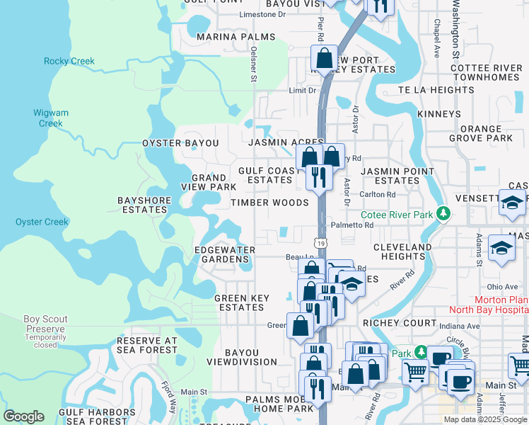 map of restaurants, bars, coffee shops, grocery stores, and more near 7045 Oakwood Drive in New Port Richey