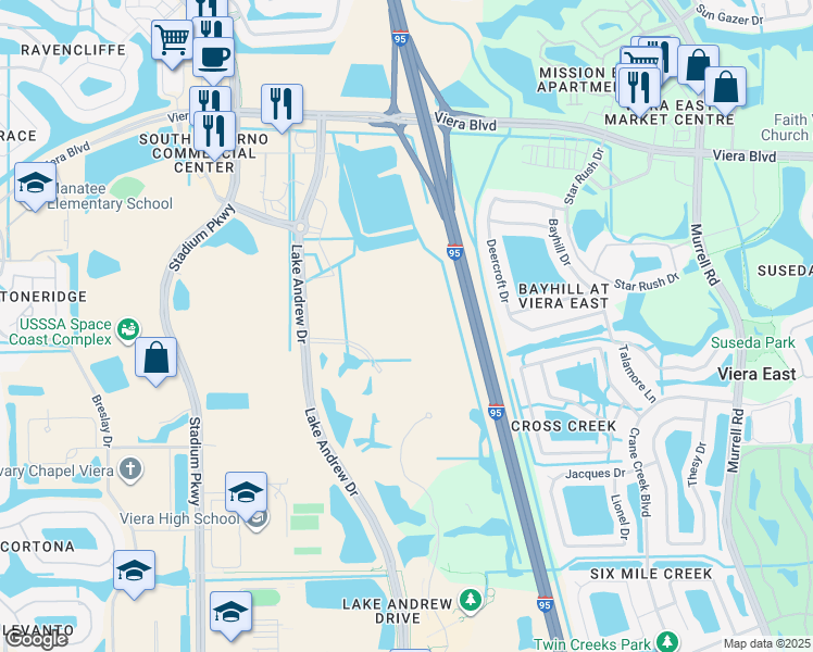 map of restaurants, bars, coffee shops, grocery stores, and more near 5455 Lake Andrew Dr Billbd in Melbourne