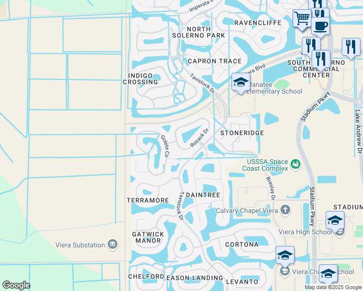 map of restaurants, bars, coffee shops, grocery stores, and more near 5671 Rusack Drive in Melbourne