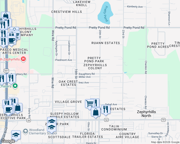 map of restaurants, bars, coffee shops, grocery stores, and more near 38906 Winsor Drive in Zephyrhills