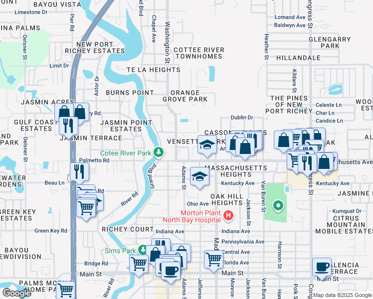 map of restaurants, bars, coffee shops, grocery stores, and more near 5824 Olive Drive in New Port Richey