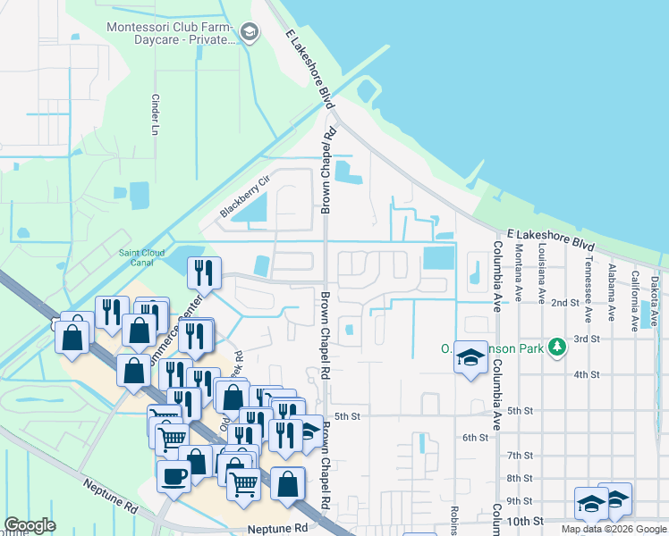map of restaurants, bars, coffee shops, grocery stores, and more near 88 Nesting Loop in St. Cloud