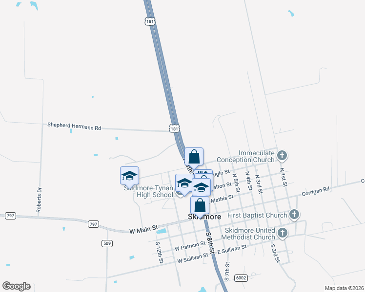 map of restaurants, bars, coffee shops, grocery stores, and more near U.S. 181 in Skidmore