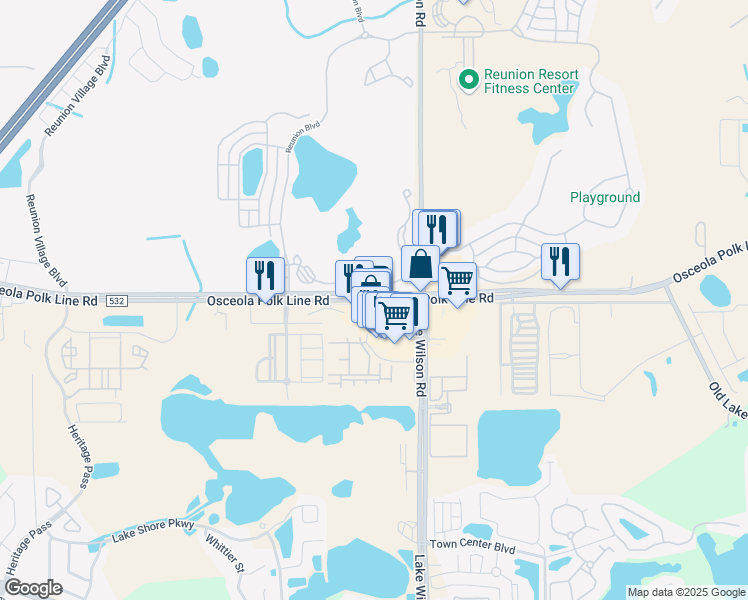map of restaurants, bars, coffee shops, grocery stores, and more near 7976 Osceola Polk Line Road in Davenport