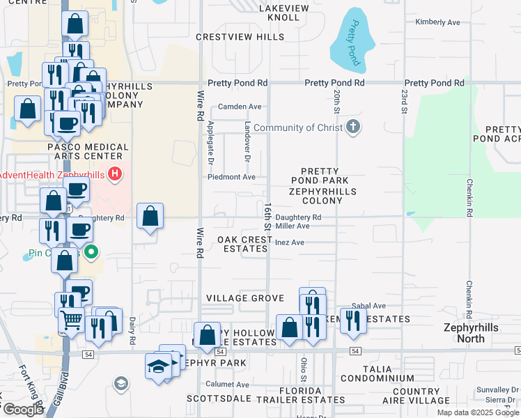 map of restaurants, bars, coffee shops, grocery stores, and more near 7032 16th Street in Zephyrhills