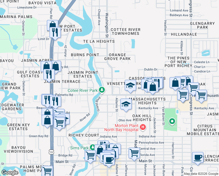 map of restaurants, bars, coffee shops, grocery stores, and more near 7051 Washington Street in New Port Richey