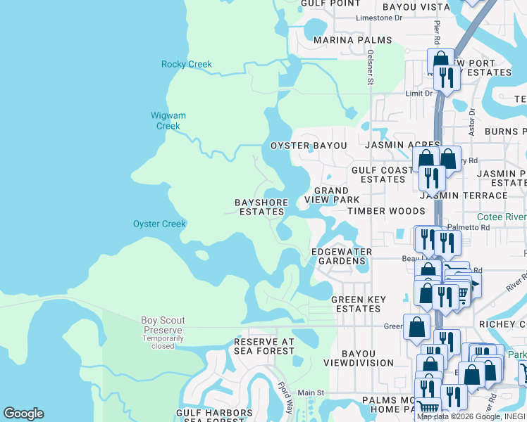 map of restaurants, bars, coffee shops, grocery stores, and more near 7048 Manor Beach Road in Port Richey