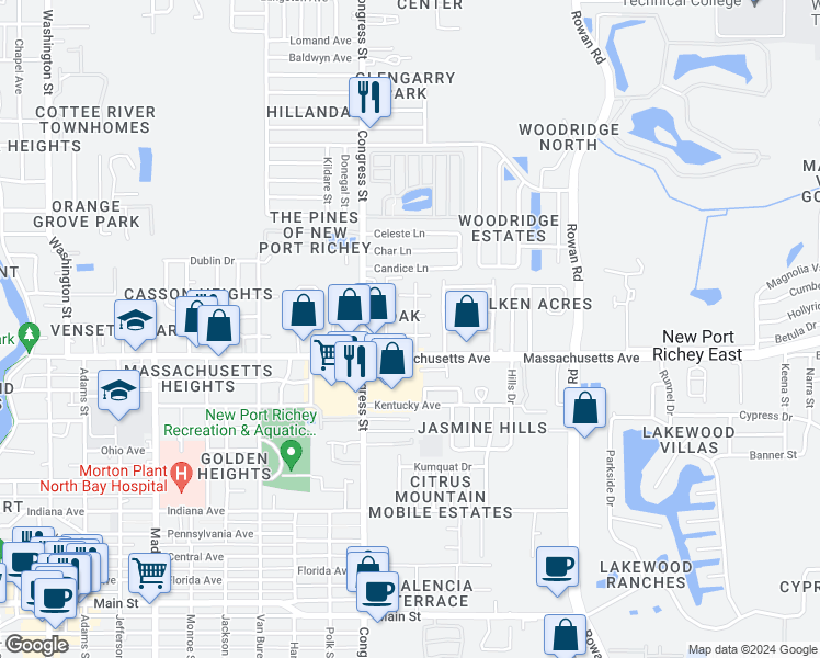 map of restaurants, bars, coffee shops, grocery stores, and more near 6607 Atrio Terrace in New Port Richey